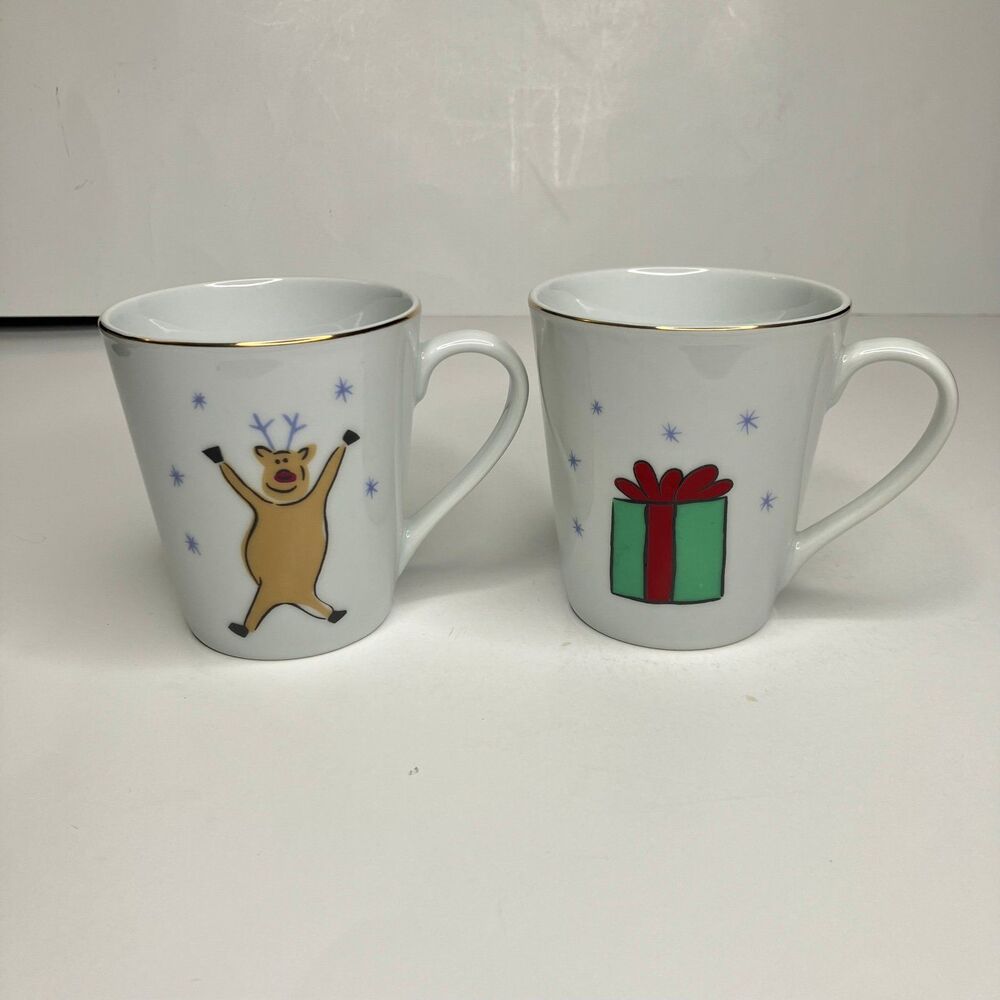 Merry Brite Merry Christmas Coffee Mugs Cups Set Of 2 Gold Rim Holiday Santa 8oz